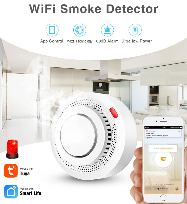 Smart WiFi Smoke Detector — 80dB Alarm with App Notifications &amp; Ceiling Mount